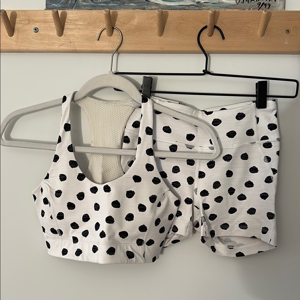 Outdoor Voices White and Black Polka Dot Sports Bra and Shorts Set